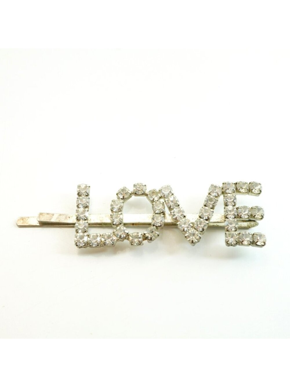 Vintage Silver Tone Rhinestone LOVE Hair Clip Barrette Romantic Valentine's